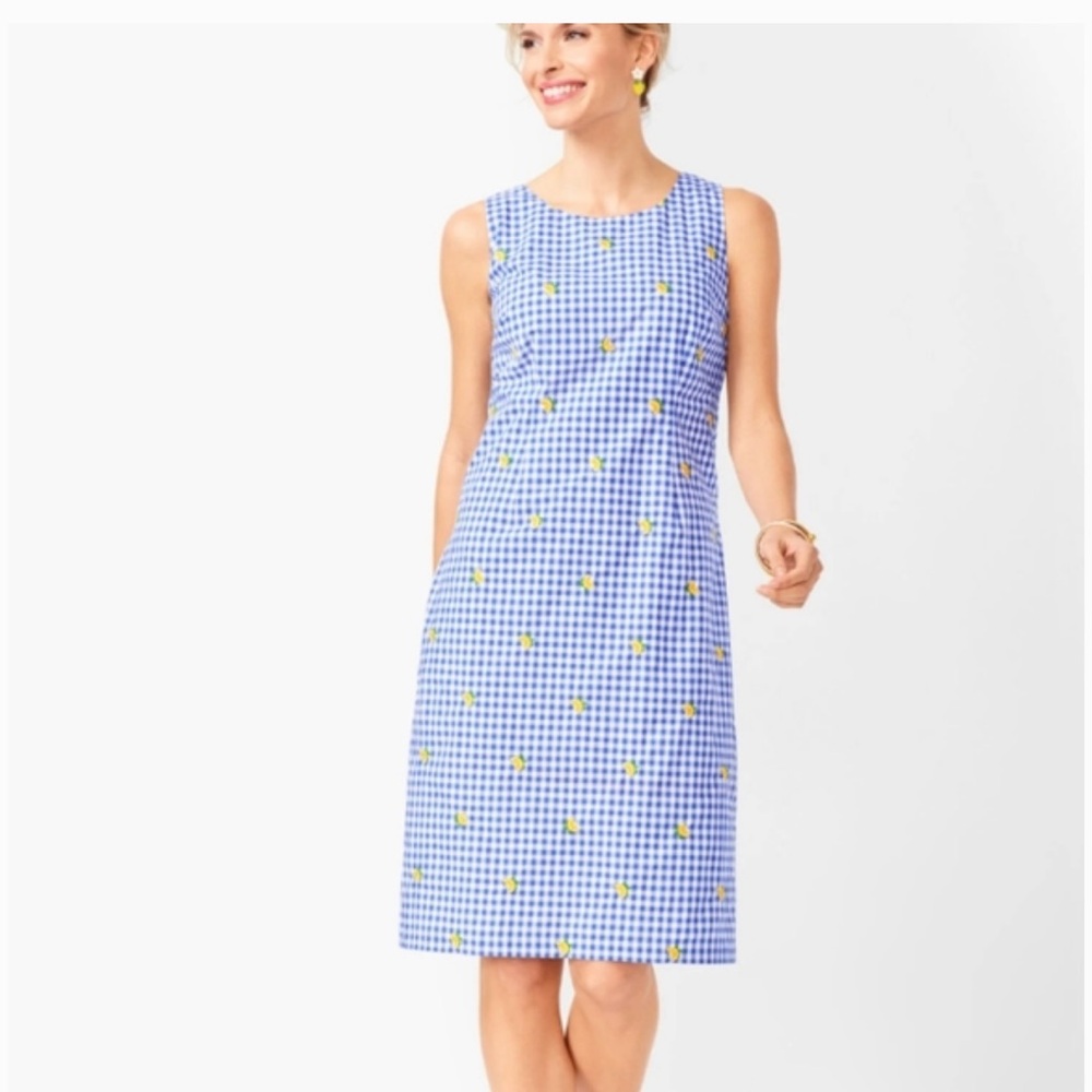 Talbots Shift Dress Blue Gingham Embroidered Lemons Keyhole Back
